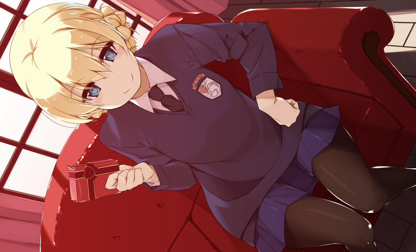 1girl bangs black_legwear black_neckwear blonde_hair blue_eyes blue_skirt blue_sweater braid closed_mouth commentary couch darjeeling_(girls_und_panzer) dress_shirt dutch_angle emblem eyebrows_visible_through_hair gift girls_und_panzer hand_on_hip heart highres holding holding_gift indoors long_sleeves looking_at_viewer miniskirt necktie on_couch pantyhose pleated_skirt school_uniform shikei shirt short_hair sitting skirt smile solo st._gloriana's_(emblem) st._gloriana's_school_uniform sweater tied_hair twin_braids v-neck white_shirt window wing_collar