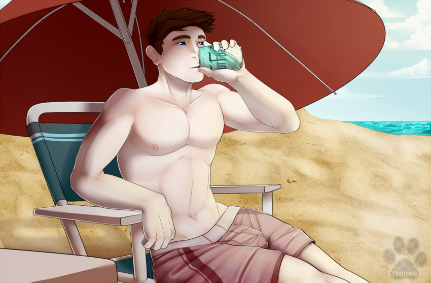 2013 beach beverage_can blue_eyes bottomwear brown_hair bulge chair clothing cloud cooler detailed_background digital_media_(artwork) drinking fasttrack37d furniture hair human male mammal navel nipples outside sand sea seaside shorts sitting sky solo sunshade swimwear table transformation umbrella water