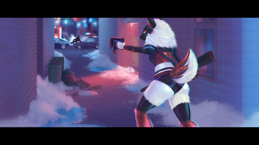 anthro armor butt chase city_background criminal cute_face digital_drawing_(artwork) digital_media_(artwork) digital_painting_(artwork) erthy3d female fluffy fluffy_tail gun hi_res machine noisy_(character) protogen ranged_weapon solo weapon winter