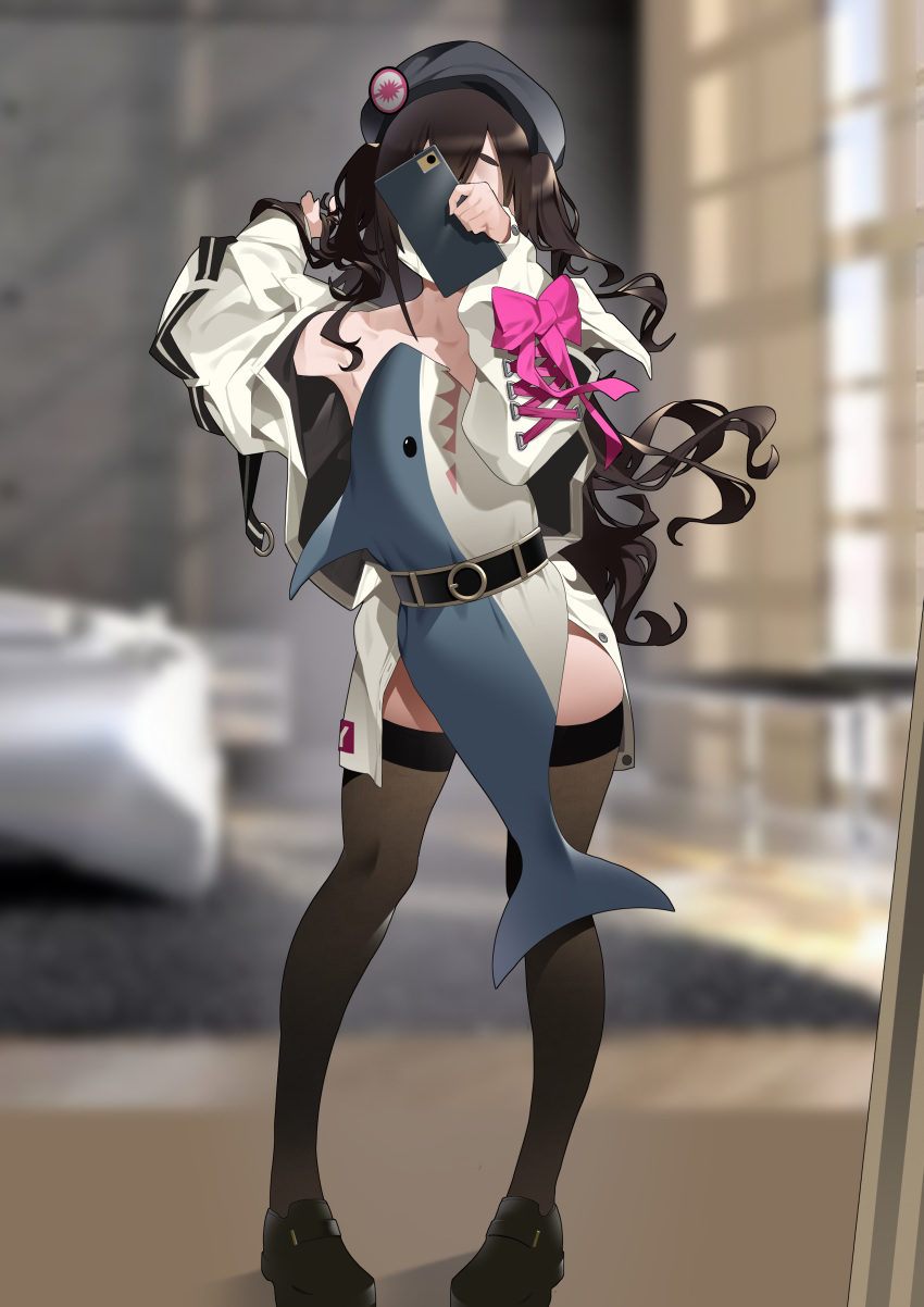1girl absurdres arm_up armpits bare_shoulders belt black_footwear black_hair black_headwear blurry brown_legwear bsue depth_of_field facing_viewer full_body highres holding holding_phone idolmaster idolmaster_cinderella_girls idolmaster_cinderella_girls_starlight_stage jacket loafers long_hair open_clothes open_jacket phone pillow_challenge self_shot shoes solo standing stuffed_animal stuffed_shark stuffed_toy sunazuka_akira thighhighs two_side_up wavy_hair white_jacket
