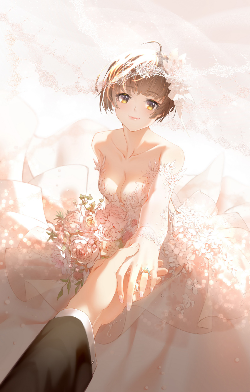 1girl absurdres ahoge breasts bridal_veil brown_hair catcan cleavage closed_mouth collarbone detached_sleeves dress highres holding_hands husband_and_wife jewelry layered_dress long_dress long_sleeves looking_at_viewer medium_breasts nail_polish psycho-pass reaching_out ring short_hair sleeveless sleeveless_dress smile tsunemori_akane veil wedding_band wedding_dress white_dress white_sleeves yellow_eyes