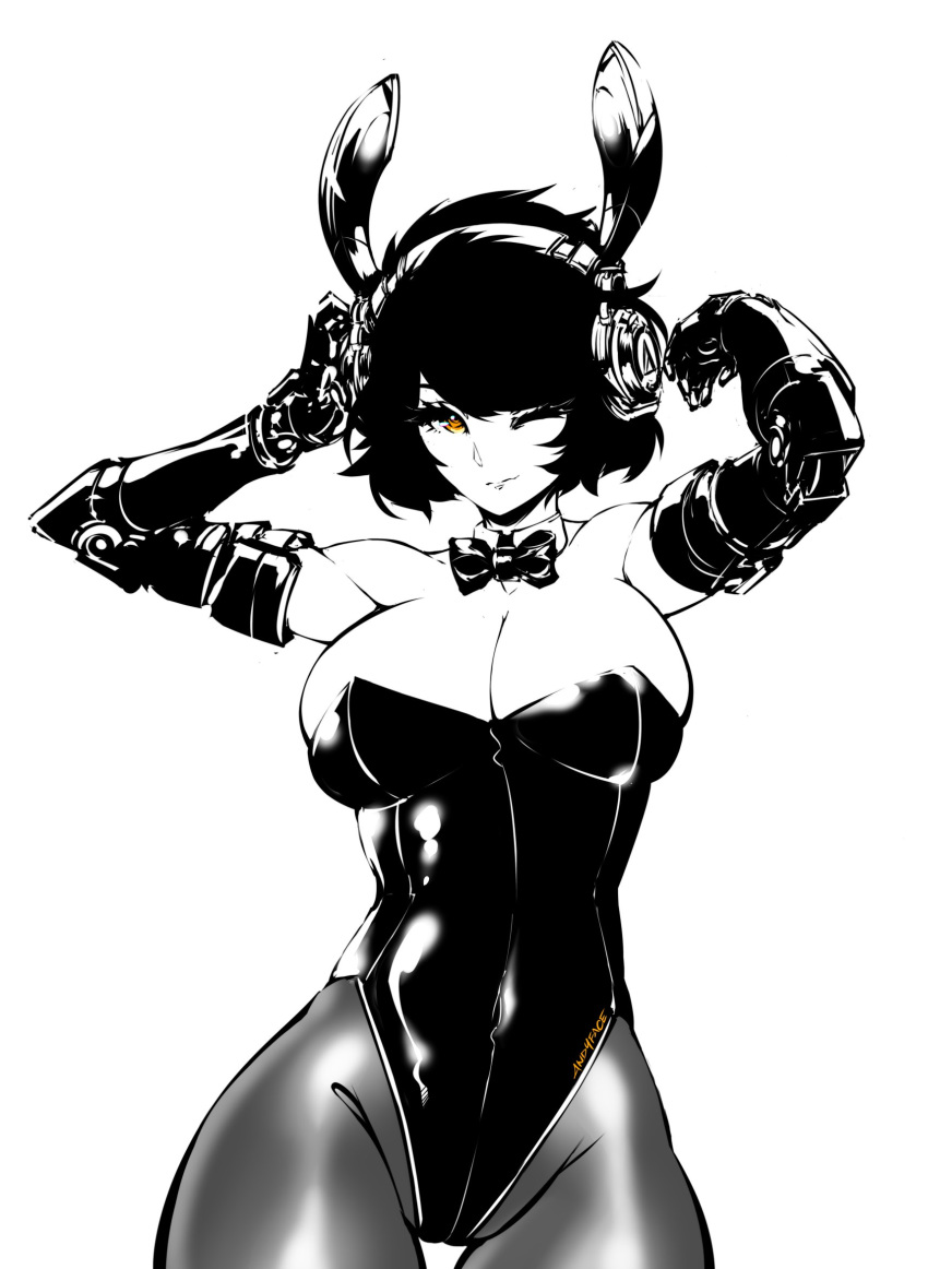 1girl andyface animal_ears bare_shoulders bow bowtie breasts bunny_ears bunny_girl bunnysuit cleavage cyborg detached_collar easter english_commentary fake_animal_ears headphones high_contrast highres large_breasts leotard looking_at_viewer mechanical_arms mechanical_hands mechanical_parts one_eye_closed orange_eyes original pantyhose prosthesis prosthetic_arm rabbit_(andyface) short_hair solo spot_color thigh_gap thighs wireless