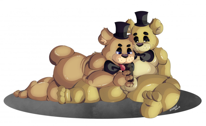 animatronic balls duo erection fellatio five_nights_at_freddy's freddy_(fnaf) genitals golden_freddy_(fnaf) machine male male/male mammal oral penile penis robot sex simple_background slightly_chubby snowhip ursid video_games white_background