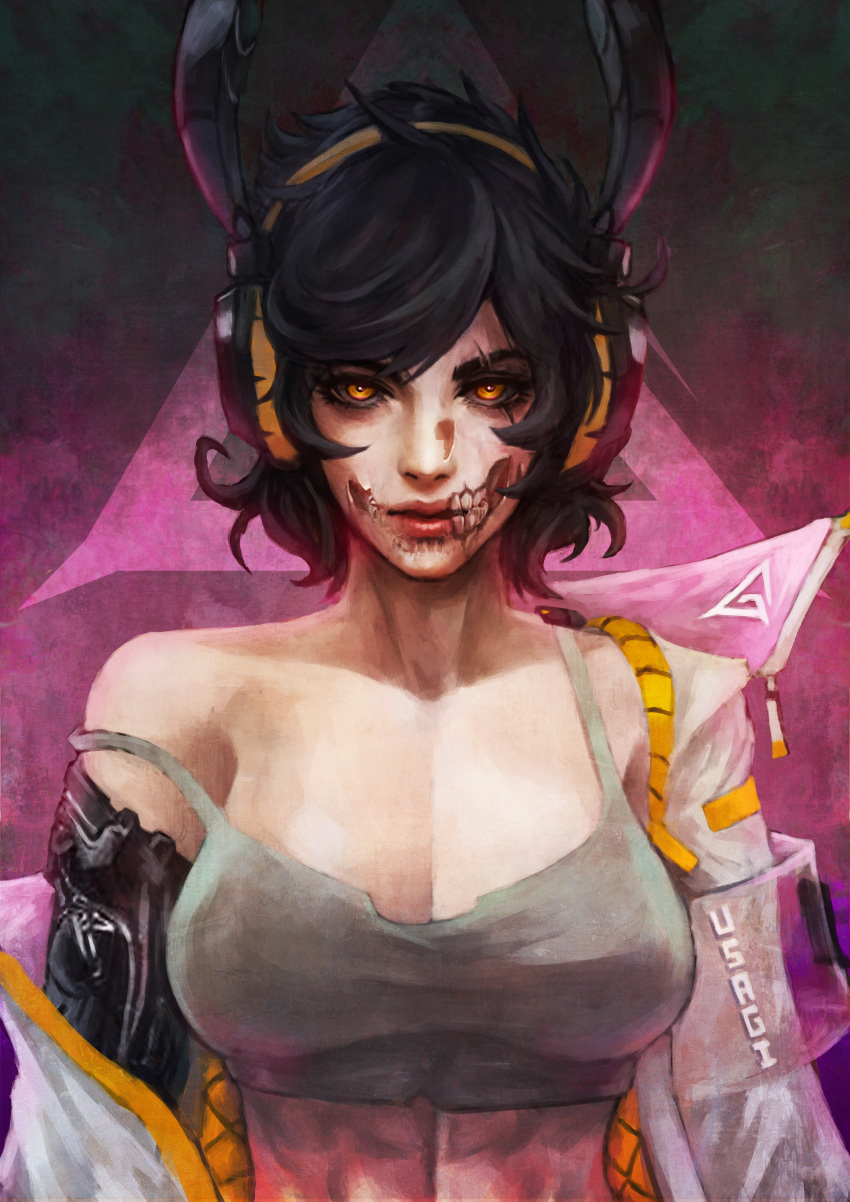 1girl abs absurdres animal_ears black_hair borrowed_character breasts bunny_ears cleavage crop_top cyborg damaged exposed_muscle fake_animal_ears headphones highres large_breasts lips looking_at_viewer mechanical_arms mechanical_parts midriff monori_rogue no_bra off-shoulder_jacket off_shoulder orange_eyes original prosthesis prosthetic_arm rabbit_(andyface) scar scar_across_eye short_hair solo strap_slip tank_top toned upper_body wireless