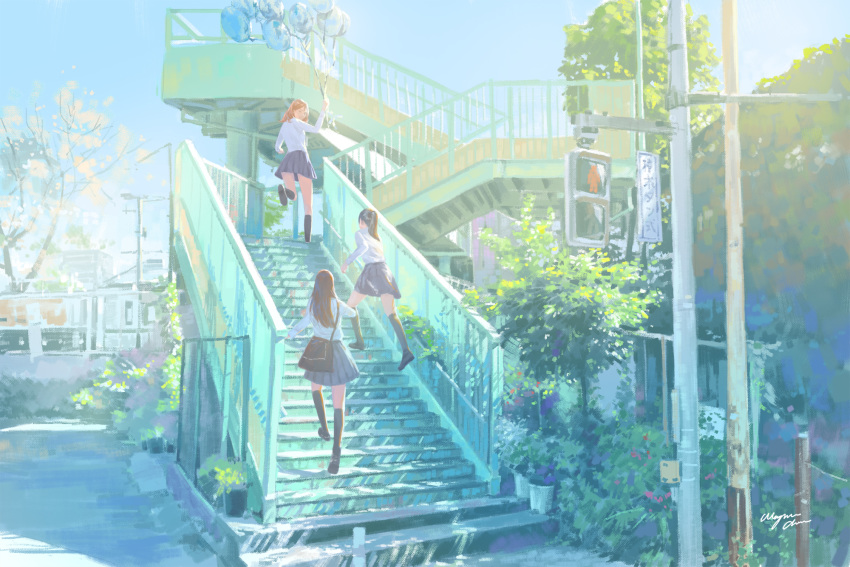 black_hair brown_hair building kneehighs original ponytail school_uniform signed skirt stairs tree wayne_chan