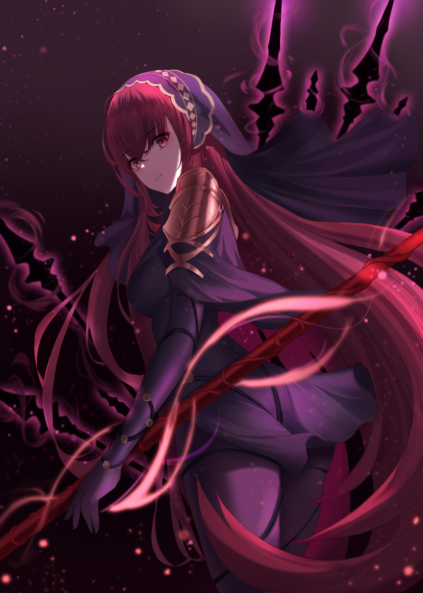 1girl absurdres ahr_tato bangs bodysuit breasts closed_mouth cowboy_shot eyebrows_visible_through_hair fate/grand_order fate_(series) floating_hair from_behind gae_bolg hair_between_eyes highres huge_filesize long_hair looking_at_viewer looking_back medium_breasts purple_bodysuit red_eyes red_hair scathach_(fate)_(all) scathach_(fate/grand_order) solo standing very_long_hair