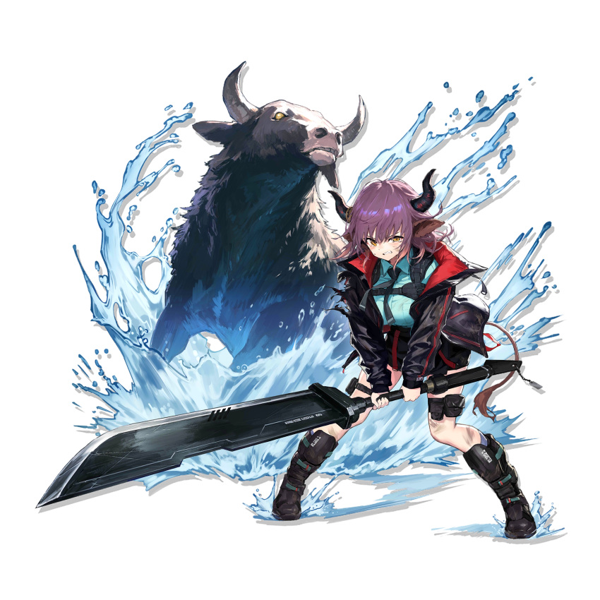 1girl arknights bangs black_footwear black_jacket black_skirt blue_neckwear blue_shirt boots breasts brown_eyes bull check_artist clenched_teeth elite_ii_(arknights) full_body hair_between_eyes highres holding holding_sword holding_weapon holster horns jacket large_breasts long_sleeves looking_at_viewer necktie official_art open_clothes open_jacket pouch purple_hair shirt sho_(sho_lwlw) short_hair sideroca_(arknights) skirt standing sword teeth thigh_holster transparent_background water weapon