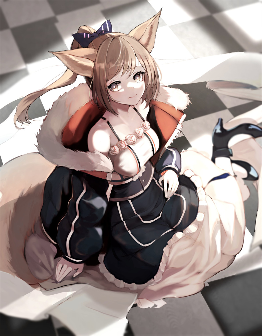 1girl absurdres animal_ears arknights bangs bare_shoulders black_footwear blue_bow blue_jacket boots bow breasts brown_eyes brown_hair checkered checkered_floor commentary eyebrows_visible_through_hair fox_ears fox_tail hair_bow high_heel_boots high_heels highres homo_1121 jacket long_hair long_sleeves looking_at_viewer medium_breasts off_shoulder open_clothes open_jacket perfumer_(arknights) ponytail sitting skirt smile solo spaghetti_strap tail white_skirt