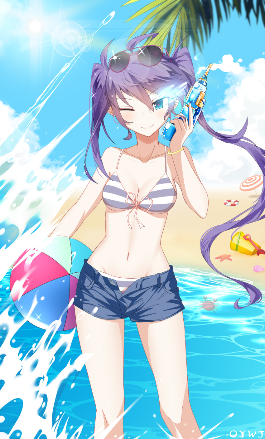 1girl ;) ahoge asymmetrical_hair ball beach beachball bikini black_rock_shooter black_rock_shooter_(character) blue_eyes blue_shorts blue_sky breasts cleavage cloud collarbone day eyewear_on_head floating_hair front-tie_bikini front-tie_top groin gun hair_between_eyes highres holding holding_ball holding_gun holding_weapon long_hair looking_at_viewer medium_breasts navel ocean one_eye_closed open_clothes open_shorts outdoors oywj purple_hair red-framed_eyewear shiny shiny_hair short_shorts shorts sideboob sky smile solo standing striped striped_bikini summer sunglasses swimsuit twintails underboob very_long_hair water_gun weapon