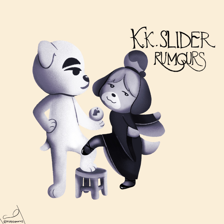 1:1 2020 album_cover animal_crossing anthro canid canine canis clothed clothing cover domestic_dog duo featureless_crotch female fleetwood_mac furniture hand_on_hip hi_res holding_object isabelle_(animal_crossing) k.k._slider k.k._slider_album_challenge looking_aside male mammal meme merosamoras nintendo nude parody rumours shih_tzu simple_background small_tail stool tan_background text toy_dog video_games