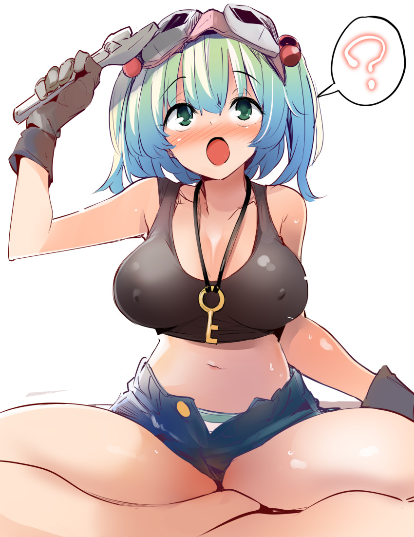 1girl :o ? adjustable_wrench aqua_eyes aqua_hair black_gloves black_tank_top blush breasts commentary_request covered_nipples crop_top denim denim_shorts eyebrows_visible_through_hair gloves goggles goggles_on_head hair_bobbles hair_ornament highres indian_style jewelry kamukamu_(ars) kawashiro_nitori key midriff navel necklace no_hat no_headwear open_mouth panties pantyshot partial_commentary short_shorts shorts simple_background sitting solo spoken_question_mark striped striped_panties tank_top touhou two_side_up unbuttoned underwear white_background wrench