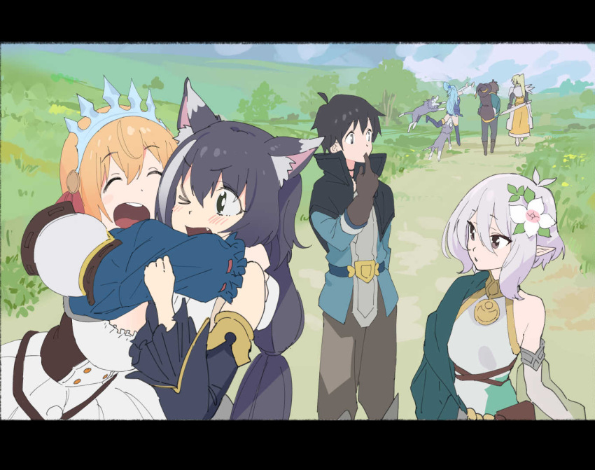 ahoge animal_ears antenna_hair apple aqua_(konosuba) baguette bare_shoulders black_hair blonde_hair blue_eyes blue_hair blush braid bread breasts cape cat_ears cat_girl cat_tail cleavage crossover darkness_(konosuba) detached_sleeves elf food fruit gloves green_eyes hat high_heels kitou_sakeru kokkoro_(princess_connect!) kono_subarashii_sekai_ni_shukufuku_wo! kyaru_(princess_connect) large_breasts long_hair low_twintails megumin multiple_girls onigiri open_mouth orange_hair pecorine pointy_ears princess_connect! princess_connect!_re:dive satou_kazuma short_hair short_sleeves silver_hair single_braid sleeveless small_breasts tail thighhighs thumbs_up tiara twintails very_long_hair wide_sleeves witch_hat wolf yuuki_(princess_connect)