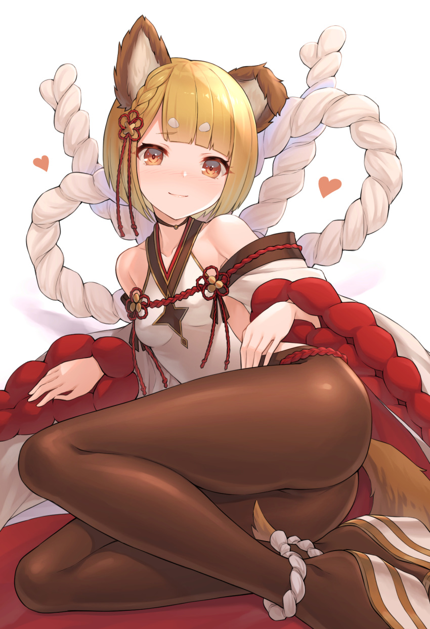 1girl animal_ears ass bangs bare_shoulders black_legwear blonde_hair blush braid breasts collarbone commentary_request detached_sleeves dog_ears erune eyebrows_visible_through_hair granblue_fantasy hair_ornament highres japanese_clothes looking_at_viewer lying on_side open_mouth pantyhose rope short_hair smile solo tail tomo_(user_hes4085) vajra_(granblue_fantasy) wide_sleeves