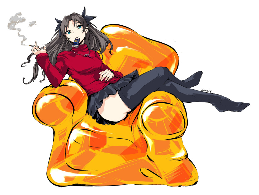 1girl absurdres andyface armchair black_legwear black_ribbon black_skirt breasts brown_hair chair cigarette commission crossed_legs fate/stay_night fate_(series) full_body green_eyes hair_ribbon highres inflatable_chair jewelry long_hair looking_at_viewer medium_breasts miniskirt mouth_hold necklace no_shoes pleated_skirt red_sweater ribbon skirt smoke smoking solo sweater thighhighs thighs toosaka_rin turtleneck turtleneck_sweater two_side_up white_background