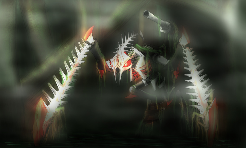 ambiguous_gender armor bionicle cannon claws detailed_background digital_drawing_(artwork) digital_media_(artwork) fog gun hi_res holding_object holding_weapon humanoid krika lego machine makuta markings mask monster moss not_furry outside pointed_feet ranged_weapon red_eyes red_markings robot scorpion-strike simple_background solo spikes standing swamp tree water weapon weapon_on_shoulder white_body