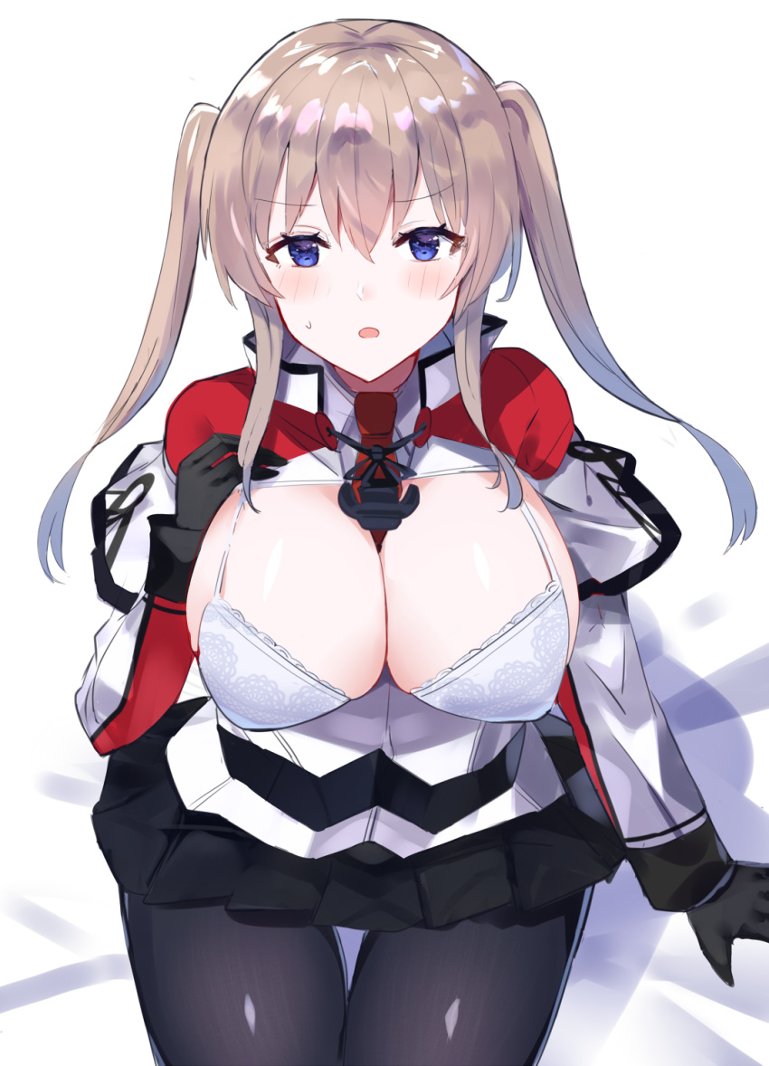 1girl anchor between_breasts black_gloves black_legwear blonde_hair bra breasts capelet celtic_knot cleavage commentary_request cowboy_shot gloves graf_zeppelin_(kantai_collection) hair_between_eyes highres kantai_collection large_breasts looking_at_viewer miniskirt necktie open_clothes pantyhose purple_eyes sidelocks sitting skirt solo thigh_gap tsurime twintails underwear white_bra xenonstriker