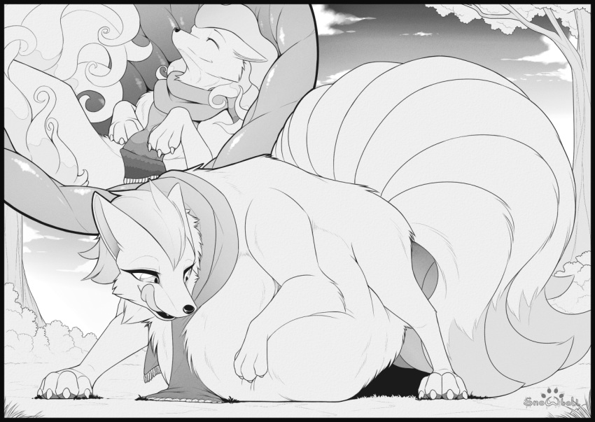 2019 4_toes 9_tails abdominal_bulge after_vore alolan_ninetales ambiguous_gender ambiguous_pred ambiguous_prey barefoot belly big_belly big_tail black_border black_nose border canid canine cheek_tuft claws cloud cutaway detailed_background digital_drawing_(artwork) digital_media_(artwork) dipstick_tail duo emberflame_(tavin_forchune) endosoma english_text eyes_closed facial_tuft fan_character feral fluffy fluffy_tail fur grass greyscale hair half-closed_eyes hand_on_stomach happy head_tuft holding_belly internal licking licking_lips licking_own_lips long_hair looking_back looking_down lying mammal monochrome mostly_nude multi_tail multicolored_tail narrowed_eyes ninetales nintendo on_back on_ground oral_vore outside paws pok&eacute;mon pok&eacute;mon_(species) quadruped regional_form_(pok&eacute;mon) s2-freak same_size_vore scarf self_lick short_hair side_view sky smile snowfrost_(tavin_forchune) soft_vore standing stomach symbol text three-quarter_view toes tongue tongue_out tree tuft video_games vore watermark