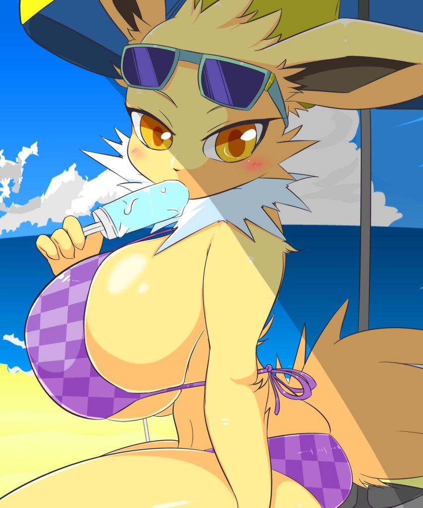 anthro beach big_breasts bikini blush breasts clothing dessert detailed_background eeveelution eyewear female food food_fetish hi_res huge_breasts ice_cream jolteon nintendo pok&eacute;mon pok&eacute;mon_(species) seaside solo sugaru suggestive suggestive_food sunglasses swimwear video_games