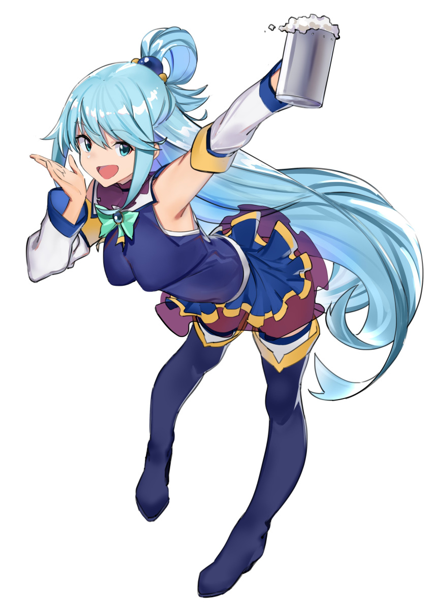 1girl absurdres alcohol aqua_(konosuba) bandaged_leg bandages bare_shoulders beer blue_eyes blue_footwear blue_hair blue_legwear blue_shirt blue_skirt boots bow breasts detached_sleeves eyebrows_visible_through_hair green_bow hagoromo hair_ornament hair_rings highres jikatarou kono_subarashii_sekai_ni_shukufuku_wo! long_hair looking_at_viewer medium_breasts open_mouth shawl shirt simple_background skirt smile solo tagme thigh_boots thighhighs thighhighs_under_boots very_long_hair