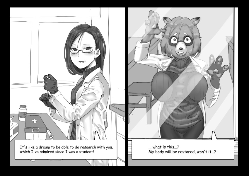 2020 4_fingers absurd_res anthro before_and_after blush bodily_fluids bottomwear breasts_against_glass canid canine clothing coat dialogue english_text eyewear female fingers furniture glasses gloves hair handwear hi_res human human_to_anthro lab_coat laboratory mammal menma911 monochrome pants pawpads raccoon_dog scared smile solo species_transformation sweat sweatdrop table text topwear transformation