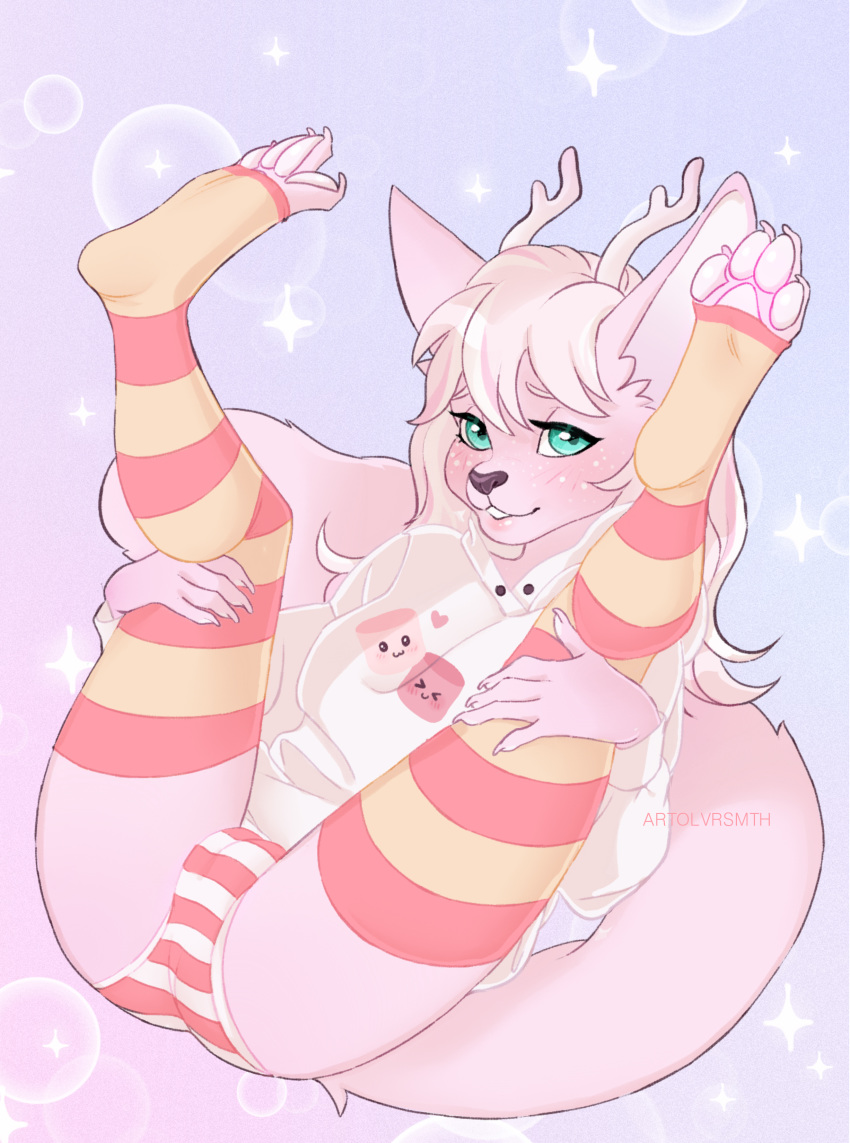 absurd_res anthro antlers artolvrsmth canid canine clothing female freckles hi_res horn legwear mammal marshmallow_fluff_(character) panties pattern_clothing pattern_underwear presenting shirt solo stockings striped_clothing striped_panties striped_underwear stripes topwear underwear