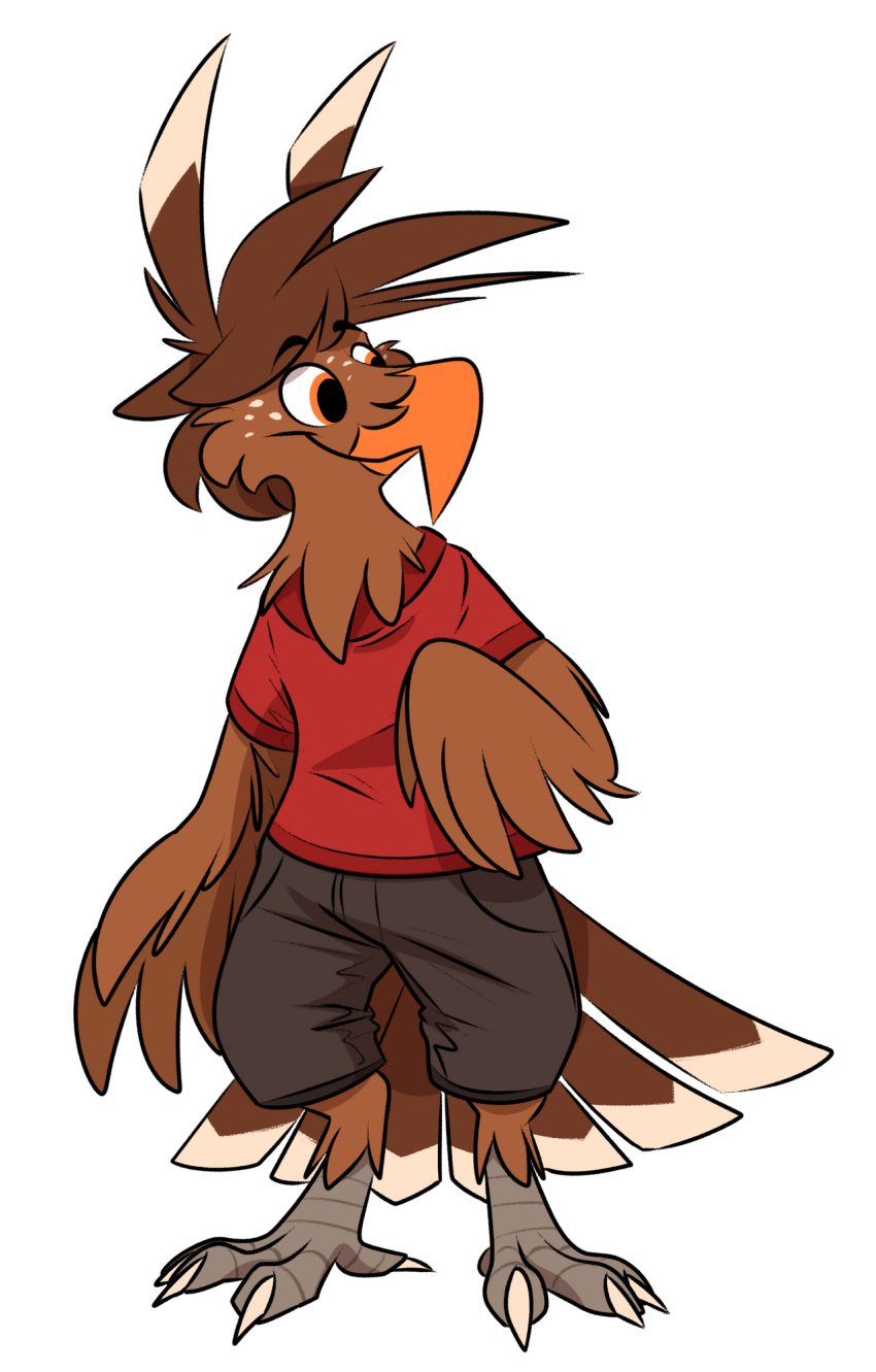 2020 alpha_channel anthro avian barefoot beak biped bird brown_body brown_feathers cheek_tuft clothed clothing digital_media_(artwork) facial_tuft feathered_wings feathers fully_clothed hi_res male piemations pretzel_(piemations) shirt simple_background solo t-shirt tail_feathers topwear transparent_background tuft wings