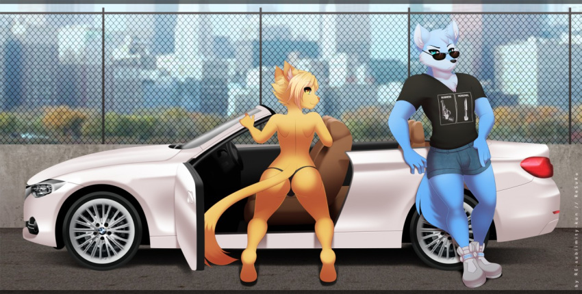 2017 anthro barefoot biped black_clothing black_eyebrows black_nose black_shirt black_topwear black_underwear blonde_hair blue_body blue_eyes blue_fur blue_tail bottomwear brown_tail canid canine canis car city clothed clothing detailed_background digital_media_(artwork) dipstick_tail domestic_cat duo english_text eyebrows eyewear felid feline felis footwear freehugz fur g-string girly grey_bottomwear grey_clothing grey_shorts hair head_tuft liam looking_at_viewer looking_back male mammal multicolored_body multicolored_fur multicolored_hair multicolored_tail outside pink_nose re-sublimity-kun shirt shoes short_hair shorts standing sunglasses t-shirt tan_hair text thong topless topwear tuft two_tone_body two_tone_fur two_tone_hair two_tone_tail underwear vehicle white_body white_fur wolf yellow_body yellow_eyes yellow_fur yellow_tail