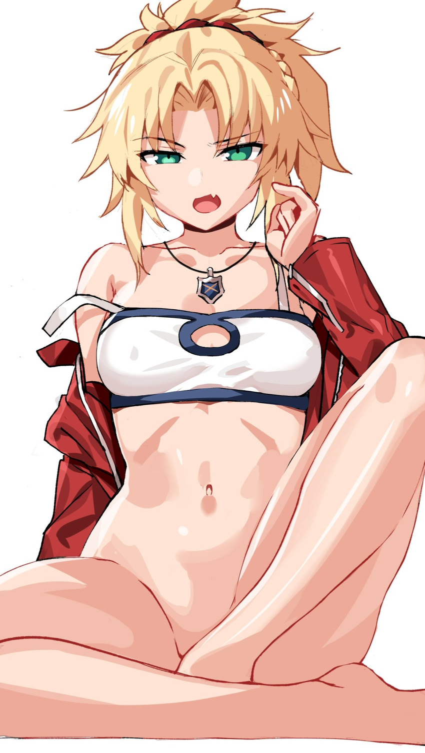 1girl bandeau bangs blonde_hair bottomless braid breasts collarbone convenient_censoring convenient_leg downscaled eyebrows_visible_through_hair fang fate/apocrypha fate_(series) feet green_eyes highres jacket jewelry knee_up long_hair looking_at_viewer md5_mismatch medium_breasts messy_hair midriff mordred_(fate) mordred_(fate)_(all) navel ndgd necklace off_shoulder open_clothes open_jacket open_mouth ponytail red_jacket red_scrunchie resized revealing_clothes scrunchie sidelocks simple_background sitting skin_fang solo