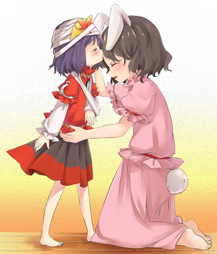 2girls absurdres animal_ears arm_at_side arm_sling arm_up bandaged_arm bandaged_head bandages barefoot black_hair blue_hair blush bunny_ears bunny_tail closed_eyes commentary commentary_request forehead_kiss ginkgo_leaf gradient gradient_background hair_ornament hand_on_another's_waist head_tilt highres inaba_tewi kiss kneeling layered_sleeves leaf leaf_hair_ornament long_sleeves maple_leaf mirror multiple_girls parted_lips partial_commentary pink_shirt pink_skirt puffy_short_sleeves puffy_sleeves red_shirt shirt short_hair short_sleeves skirt smile standing tail tatuhiro tears touhou two-tone_skirt wooden_floor yasaka_kanako younger