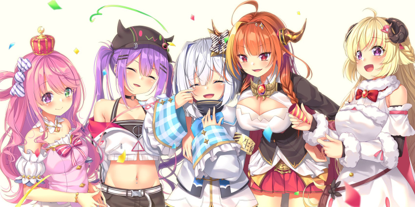 5girls ahoge amane_kanata animal_ears armband bangs belt birthday blonde_hair blush bow braid breasts chiyonekoko cleavage closed_eyes commentary_request confetti crown detached_collar detached_sleeves dragon_horns fang green_eyes hair_bow hair_ornament happy hat heterochromia highres himemori_luna hololive horns jewelry kiryuu_coco large_breasts midriff multicolored_hair multiple_girls navel open_mouth orange_hair party_popper pink_hair purple_eyes purple_hair red_eyes sheep_ears sheep_horns silver_hair simple_background skirt smile streaked_hair thighhighs tokoyami_towa tsunomaki_watame virtual_youtuber wool yellow_background zettai_ryouiki