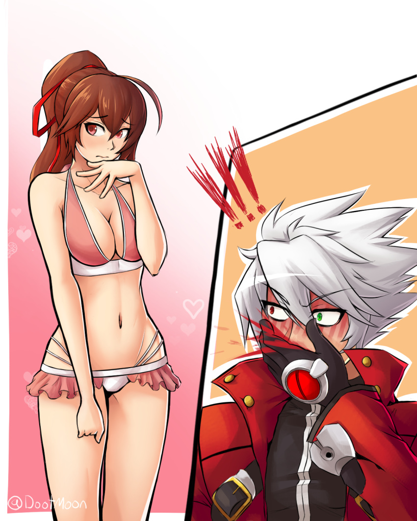 1boy 1girl ahoge antenna_hair blazblue blood blush breasts celica_a_mercury dootmoon embarrassed hair_ribbon highres looking_away nosebleed ragna_the_bloodedge red_eyes revision ribbon shy swimsuit twitter_username white_hair