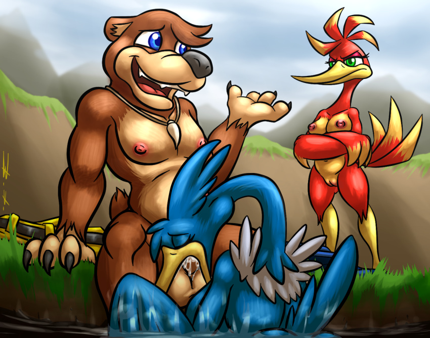 avian banjo-kazooie banjo_(banjo-kazooie) bassy_wolfeh blue_eyes bodily_fluids breasts breegull clothing collar cramorant crossed_arms cum discarded_clothing eye_contact eyelashes fellatio female frown genital_fluids genitals group kazooie looking_at_another male male/female mammal mountain neck_bulge nintendo nipples nude oral outside penile pok&eacute;mon pok&eacute;mon_(species) public pussy rareware sex sitting standing ursid video_games water wet