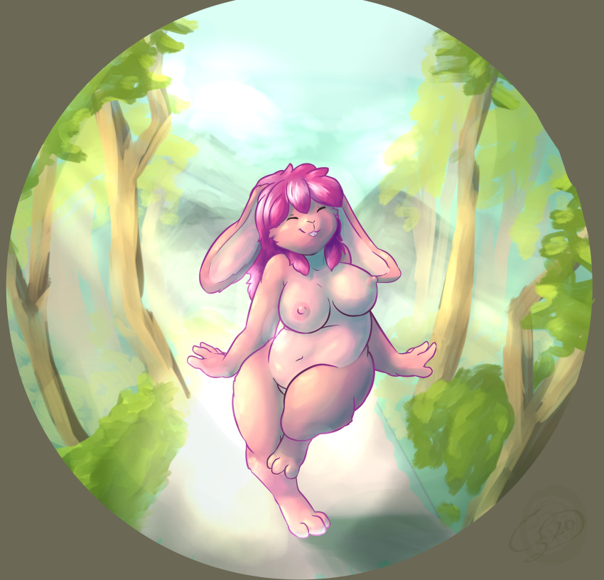 absurd_res anthro big_breasts breasts buckteeth cainethelongshot domestic_rabbit female forest fur hair hi_res kaivoid lagomorph leporid long_ears lop_rabbit mammal nipples nude oryctolagus outside pink_body pink_fur pink_hair rabbit skipping sky slightly_chubby smile solo standing sunny teeth tree