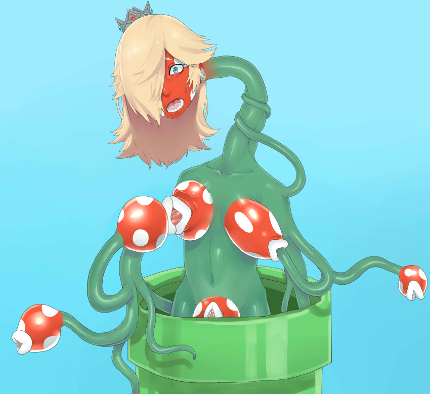 2019 absurd_res alternate_species blonde_hair blue_background blue_eyes breasts crown elemental_creature female flora_fauna green_body hair hi_res implied_transformation long_neck mario_bros menma911 navel nintendo nipple_mouth not_furry open_mouth pipe piranha_plant plant rosalina_(mario) simple_background solo super_mario_galaxy video_games