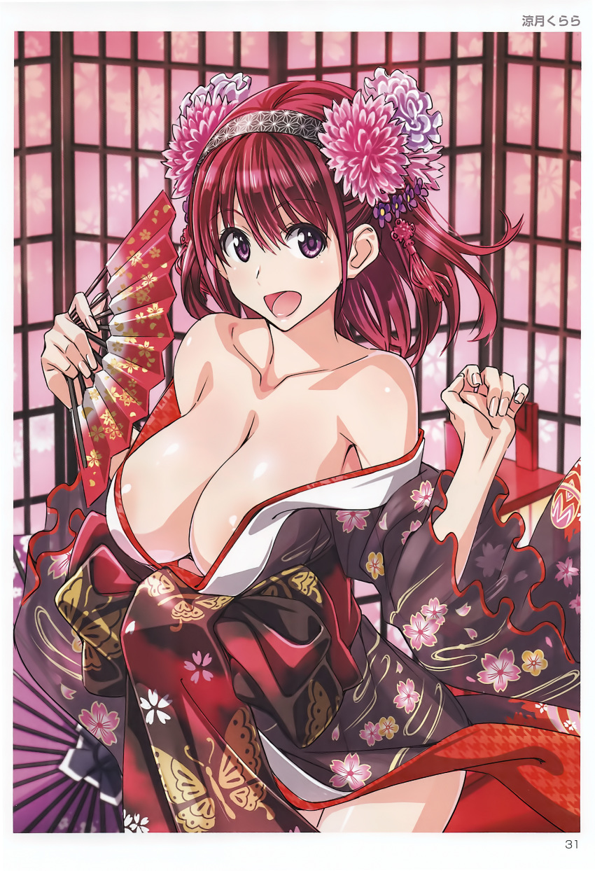 1girl :d absurdres artist_name bangs bare_shoulders blush border breasts cleavage collarbone cowboy_shot eyebrows_visible_through_hair fan fingernails floral_print folding_fan hair_between_eyes hair_ornament hairband hands_up happy highres holding holding_fan indoors japanese_clothes kimono kurara-chan_(suzutsuki_kurara) large_breasts long_sleeves looking_at_viewer off_shoulder open_mouth original page_number paper_fan purple_eyes purple_hair red_hair scan shiny shiny_skin smile solo standing suzutsuki_kurara toranoana white_border