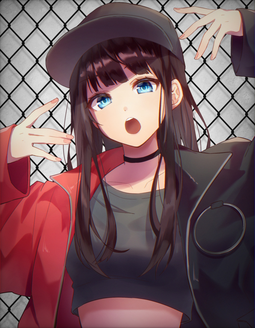 1girl bangs black_choker black_hair black_jacket black_shirt choker collarbone commentary_request eyebrows_visible_through_hair highres jacket long_sleeves open_mouth original pink_nails red_jacket shikura_s shirt solo two-tone_jacket upper_teeth