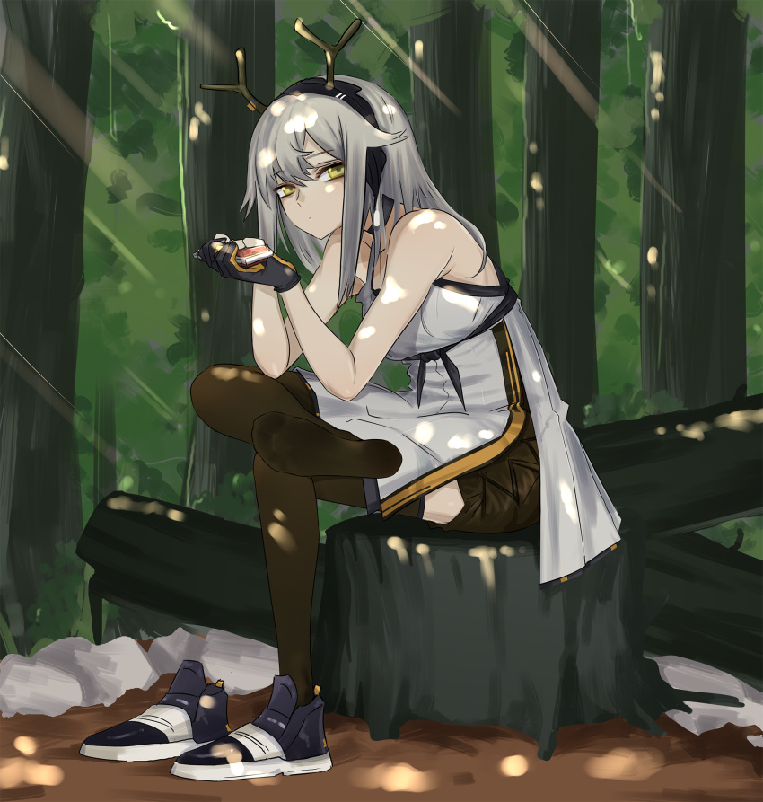 1girl antlers arknights black_gloves black_legwear breasts chinese_commentary closed_mouth crossed_legs day dress expressionless eyebrows_visible_through_hair firewatch_(arknights) forest full_body gloves green_shorts hair_between_eyes hair_flaps hairband harmonica highres instrument light_rays long_hair looking_at_viewer medium_breasts nature off-shoulder_dress off_shoulder outdoors pantyhose shoe_removed shoes shorts silver_hair single_shoe sitting sitting_on_tree_stump sleeveless solo sunlight thighs wenzheng147 white_dress yellow_eyes