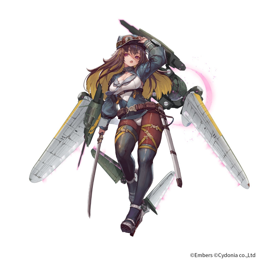 1girl :o ash_arms asymmetrical_legwear bangs breasts brown_hair cleavage cleavage_cutout cropped_jacket eyebrows_visible_through_hair goggles goggles_on_headwear hat highres holding holding_sword holding_weapon jacket long_hair long_sleeves machinery medium_breasts multicolored_hair official_art open_mouth purple_eyes sailor_collar sheath sheathed simple_background solo suzuno_(bookshelf) sword tassel thigh_strap two-tone_hair weapon