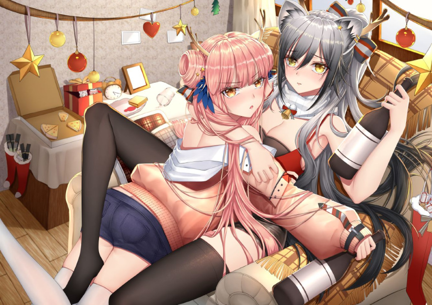 2girls alarm_clock animal_ear_fluff animal_ears antlers arknights armchair ass bandeau bangs bare_arms bare_shoulders bell black_legwear blue_shorts blush bottle bow box breasts brown_eyes camisole cat_ears ceylon_(arknights) chair chinese_commentary christmas_ornaments cleavage clock cloud_(11171819) commentary_request cup drinking_glass eyebrows_visible_through_hair fake_antlers feet_out_of_frame food gift gift_box hair_between_eyes hair_bow hair_bun hand_up heart holding holding_bottle hug indoors jacket long_hair long_sleeves looking_at_viewer multiple_girls no_shoes off_shoulder parted_lips pink_hair pink_jacket pizza pizza_box puffy_sleeves reclining scarf schwarz_(arknights) short_shorts shorts silver_hair sitting spaghetti_strap star thighhighs thighs white_legwear white_scarf wooden_floor yellow_eyes yuri