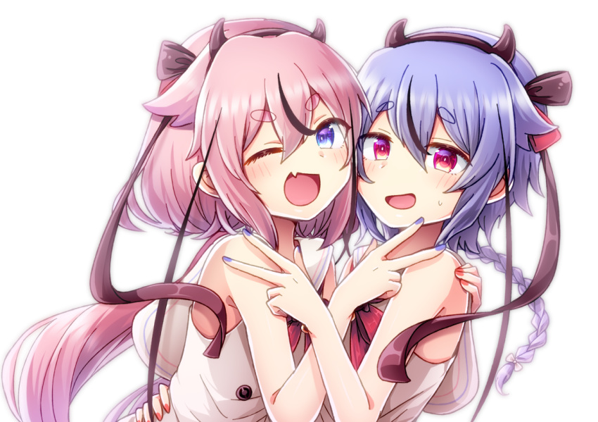 2others bare_shoulders black_ribbon blue_eyes blue_hair blue_nails braid commentary crossed_arms fang from_side furrowed_eyebrows hair_ribbon hairband hand_on_another's_hip hand_on_another's_shoulder horns hug light_blush long_hair meika_hime meika_mikoto mismatched_nail_polish multiple_others nail_polish neck_ribbon one_eye_closed open_mouth pink_eyes pink_hair red_nails red_ribbon ribbon shif_ten shirt short_eyebrows skin_fang sleeveless sleeveless_shirt smile sweat thick_eyebrows upper_body v-shaped_eyebrows very_long_hair vocaloid w white_background white_shirt