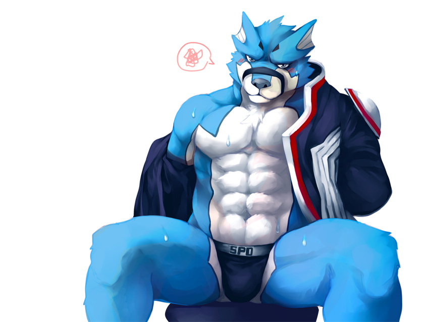 abs anthro black_clothing black_underwear blue_body blue_eyes blue_fur blush bodily_fluids canid canine canis clothed clothing doggie_kruger domestic_dog fur grey_eyes jacket lower male mammal muzzle_(object) partially_clothed power_rangers simple_background sitting solo speech_bubble sweat topwear underwear white_background white_body white_fur