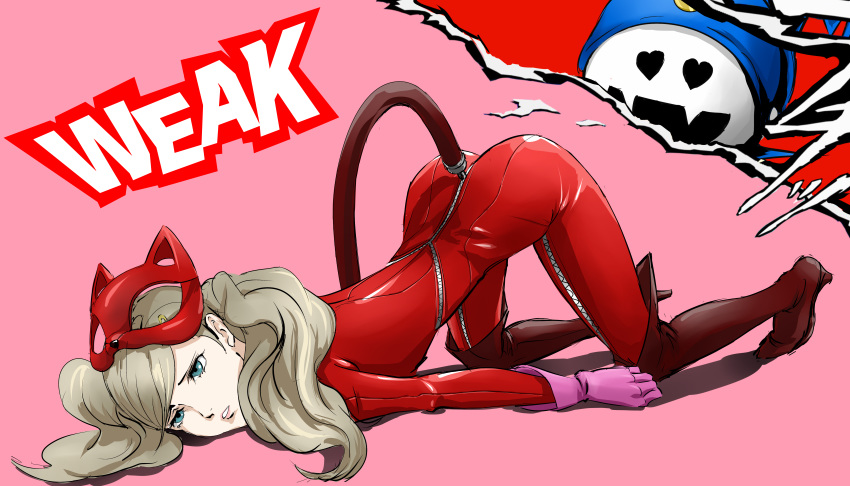 1girl absurdres ass bangs blue_eyes bodysuit boots cat_mask cat_tail catsuit dazed defeat fake_tail full-length_zipper gloves hair_ornament heart heart-shaped_pupils high_heel_boots high_heels highres jack_frost latex ozkh parted_lips persona persona_5 pink_background pink_gloves platinum_blonde_hair red_bodysuit red_footwear revision simple_background swept_bangs symbol-shaped_pupils tail takamaki_anne thigh_boots thighhighs top-down_bottom-up twintails zipper