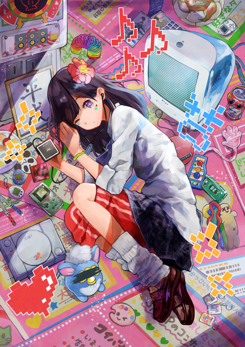 1girl absurdres ball bangs beer_can black_hair black_skirt blue_eyes brand_name_imitation brown_footwear cable can cd cd_player censored charm_(object) cup doll earphones facepaint facial_mark flower full_body furby game_boy game_console grey_legwear grey_shirt hair_flower hair_ornament handheld_game_console headphones heart heart_tattoo hibiscus highres holding identity_censor imac loafers long_hair looking_at_viewer loose_socks lying monitor musical_note nintendo on_side one_eye_closed original phone pixelated plaid plaid_skirt playstation purple_eyes rainys_bill red_flower red_shorts shirt shoes shorts shorts_under_skirt skirt sleeves_folded_up slinky smile soccer_ball socks solo sticky_hand tamagotchi tattoo television translation_request walkie-talkie white_shirt wristband