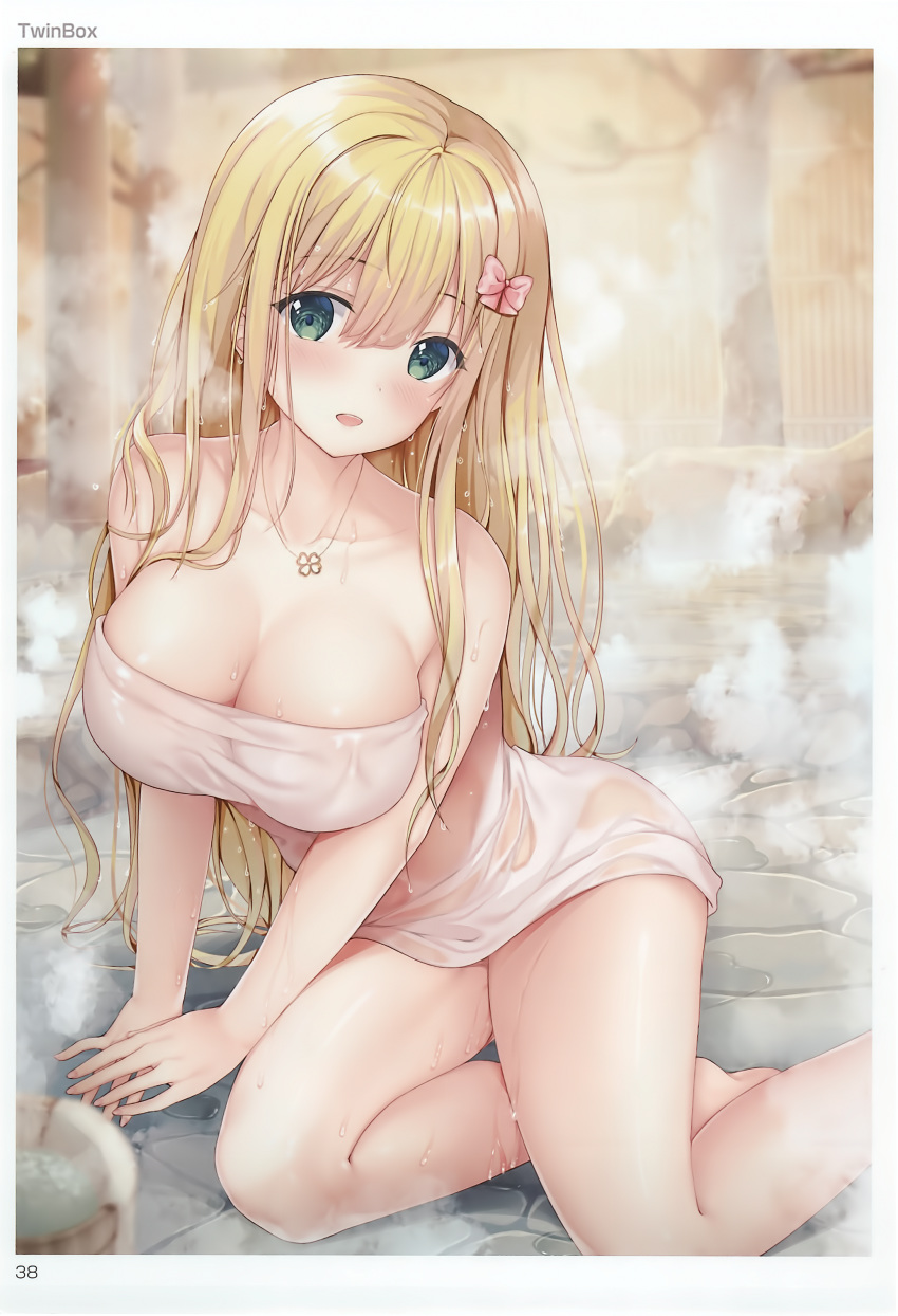 1girl :d absurdres arm_support artist_name bangs bare_shoulders barefoot bath blonde_hair blush border bow breasts bucket cleavage collarbone eyebrows_visible_through_hair fingernails green_eyes hair_between_eyes hair_bow highres inagaki_minami large_breasts long_hair looking_at_viewer naked_towel onsen open_mouth original pink_bow rock scan shiny shiny_skin sidelocks sitting smile solo sousouman steam toranoana towel water white_border white_towel wooden_bucket yokozuwari