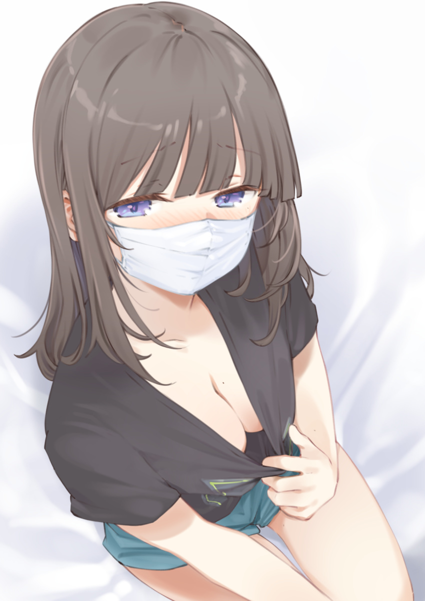 1girl bangs bare_legs bed_sheet black_shirt blunt_bangs blush breasts brown_hair cleavage clothes_pull commentary covered_mouth dutch_angle eyebrows_visible_through_hair from_above half-closed_eyes highres long_hair looking_at_viewer maigoyaki mask medium_breasts mole mole_on_breast mole_on_thigh mouth_mask original pulled_by_self shirt shirt_pull short_shorts short_sleeves shorts sitting surgical_mask symbol-only_commentary white_mask