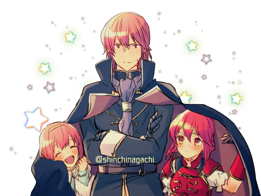 1boy 2girls armor brother_and_sister cape closed_eyes closed_mouth crossed_arms fire_emblem fire_emblem:_mystery_of_the_emblem fire_emblem_heroes hairband headband highres long_sleeves maria_(fire_emblem) michalis_(fire_emblem) minerva_(fire_emblem) multiple_girls nishimura_(nianiamu) open_mouth red_eyes red_hair short_hair siblings sisters star twitter_username younger