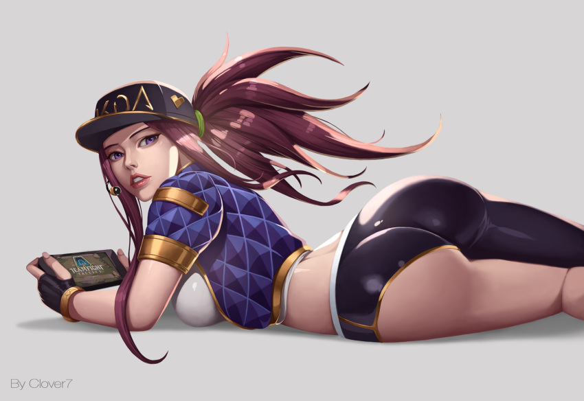 1girl ass asymmetrical_clothes back baseball_cap black_gloves black_pants blue_jacket breasts clover7 fingerless_gloves gloves handheld_game_console hat headset highres jacket k/da_(league_of_legends) k/da_akali large_breasts league_of_legends lips long_hair looking_back midriff nose pants puffer_jacket purple_eyes purple_hair short_sleeves single_pantsleg skin_tight solo tablet_pc tight tight_pants