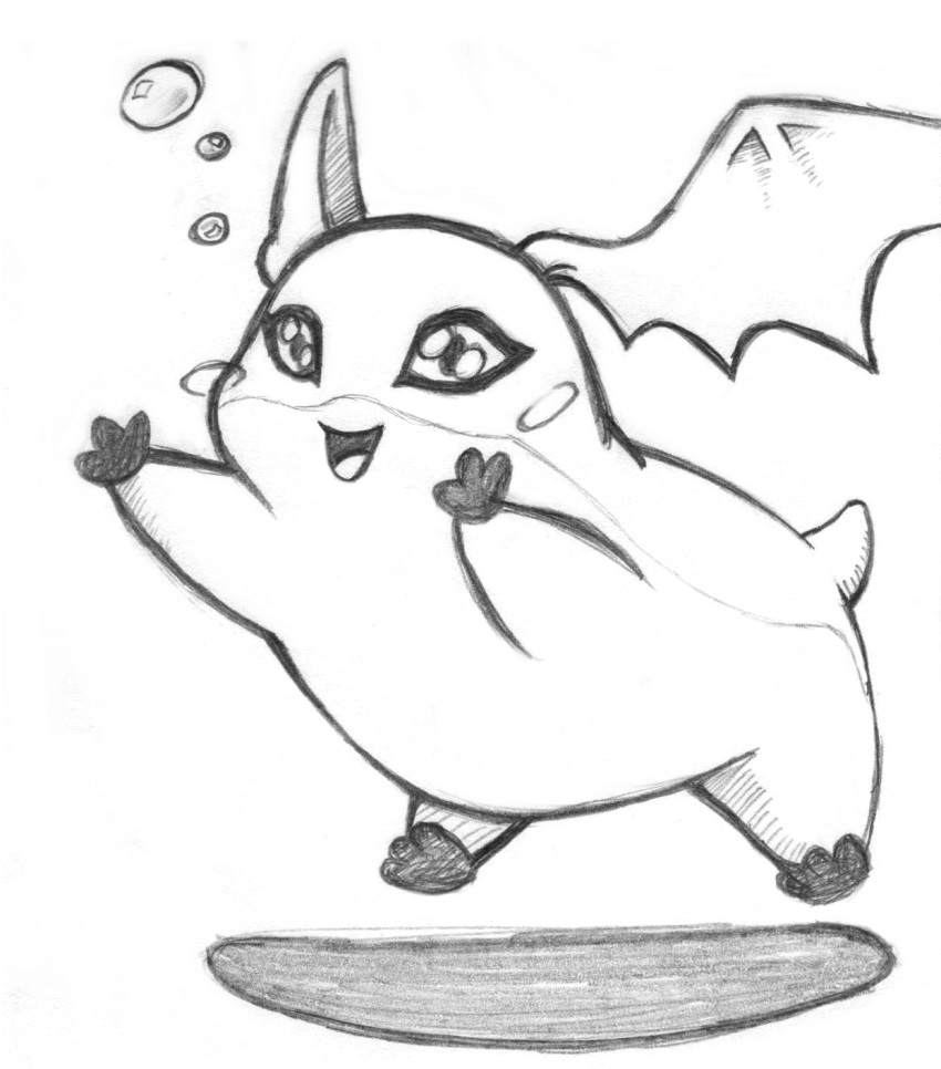 2018 ambiguous_gender bat_wings black_and_white blush bubble digimon digimon_(species) feral happy head_wings hi_res mammal membrane_(anatomy) membranous_wings monochrome morphidragunny open_mouth patamon shadow simple_background small_tail smile solo white_background wings