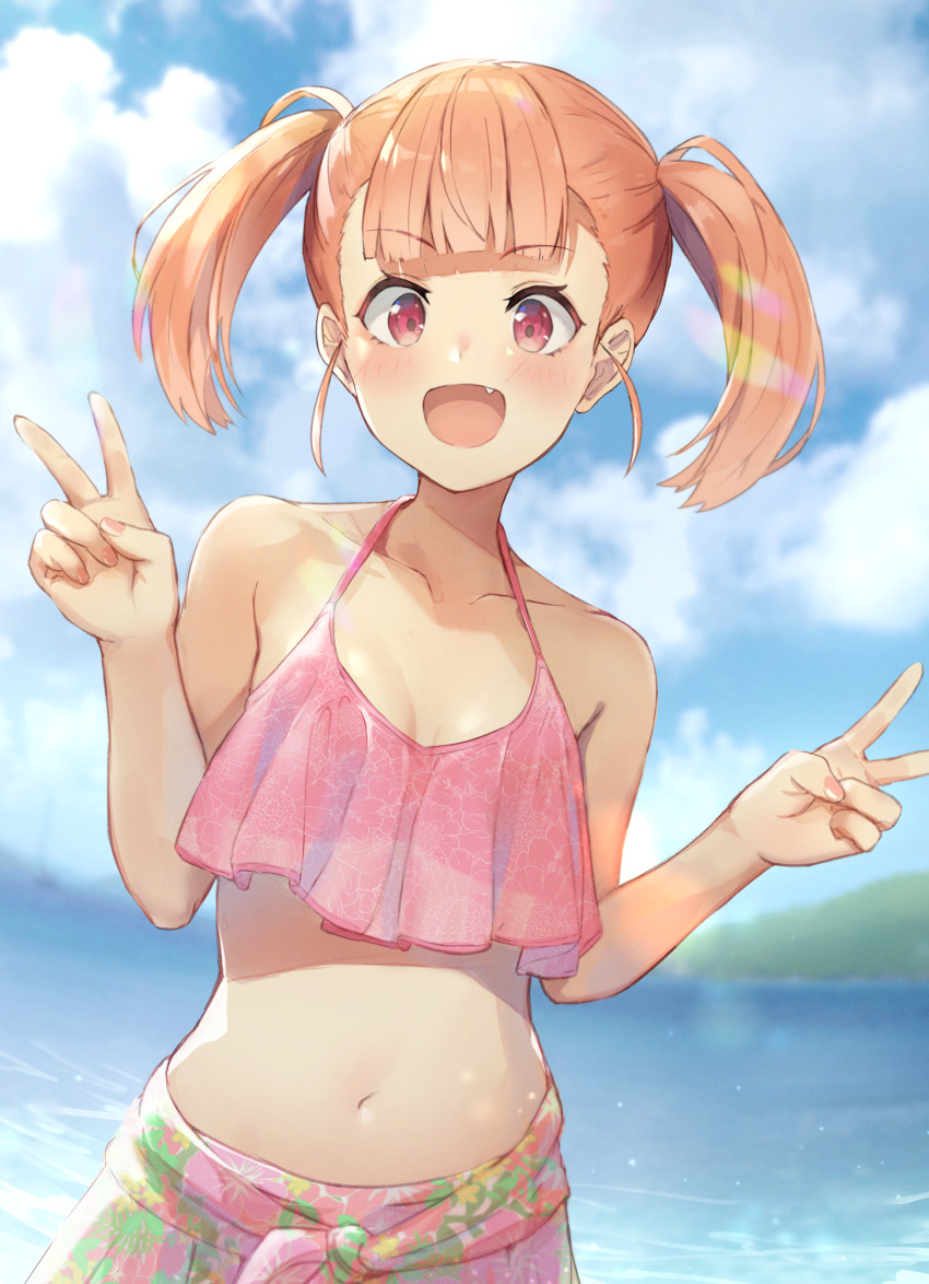 1girl :d absurdres bare_shoulders bikini blurry breasts cloud collarbone day depth_of_field double_v halter_top halterneck hands_up highres isegawa_yasutaka lens_flare long_hair looking_at_viewer midriff navel ocean open_mouth orange_hair original outdoors pink_bikini red_eyes sarong sky small_breasts smile solo stomach sunlight swimsuit twintails upper_body v water