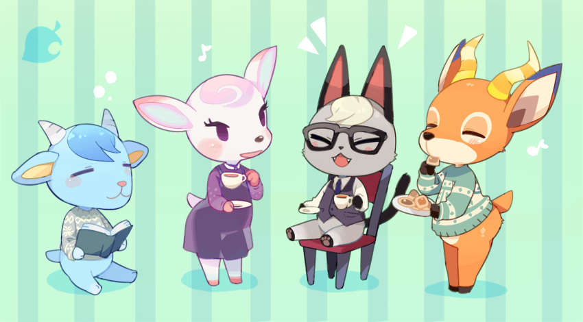 animal_crossing beau_(animal_crossing) blonde_hair blue_body blue_fur bovid caprine cervid chibi clothing diana_(animal_crossing) domestic_cat eating eyewear felid feline felis female fur glasses goat grey_body grey_fur hair horn kemono kishibe male mammal nintendo pastel raymond_(animal_crossing) sherb_(animal_crossing) sitting sweater topwear vest video_games